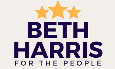 Rectangular image with cream background, three gold stars centered at the top, and deep indigo purple lettering that says BETH HARRIS on the first line and FOR THE PEOPLE on a second line.